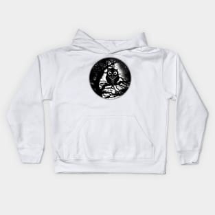 little owl sitting on a tree under a full moon Kids Hoodie